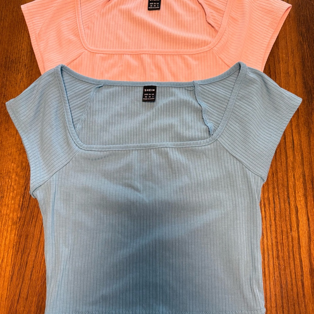 Set of 2 SHEIN Ribbed Square Neck Tops - Blue and Pink. Size XS.